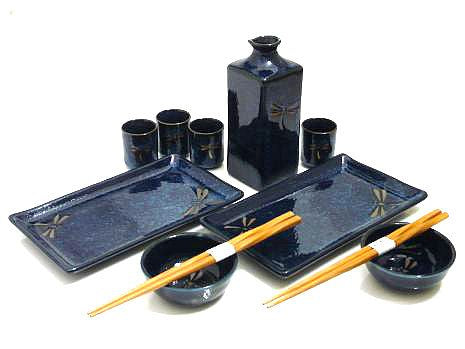 11 PC Sapphire Dragonfly Sushi and Sake Set for Two